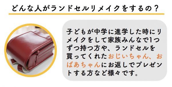 中学への進学、祖父母へのお返しでプレゼントする人がランドセルリメイクをするそう