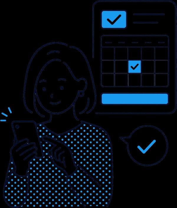 スマートフォンで希望日時を選ぶ女性のイラスト