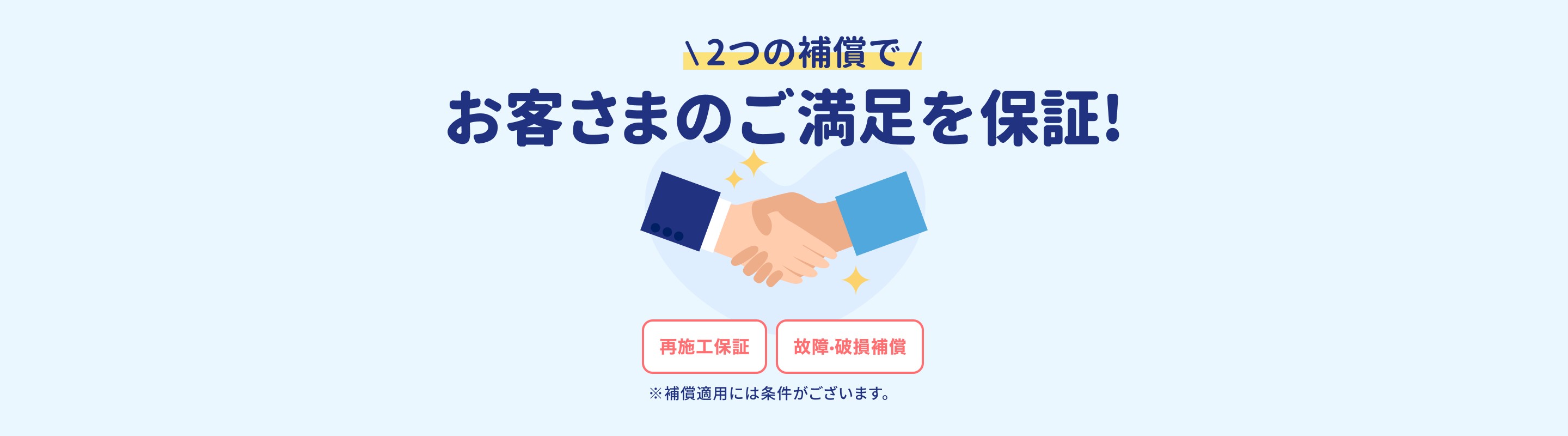 2つの補償でお客さまのご満足を保証! 再施工・故障・破損補償 ※補償適用には条件がございます。